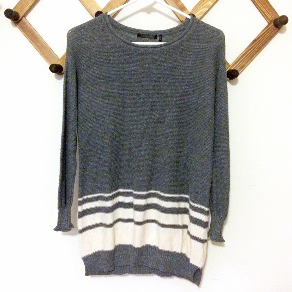 Grey and White Stripped Mini Sweater Dress